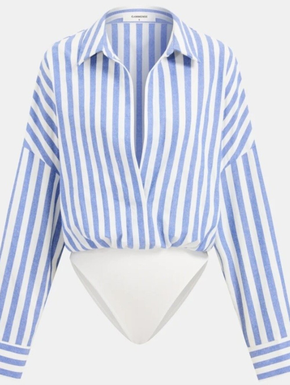 Commense Bodysuit Striped Collar Shirt 100% Cotton S